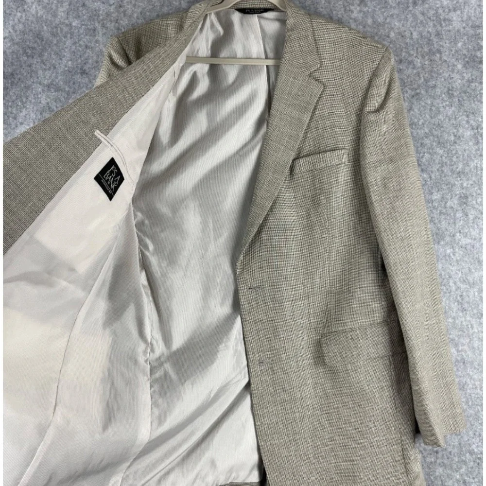 Jos A Bank Linen Wool Blazer Sport Coat Men 44XL Beige Houndstooth 2 Button